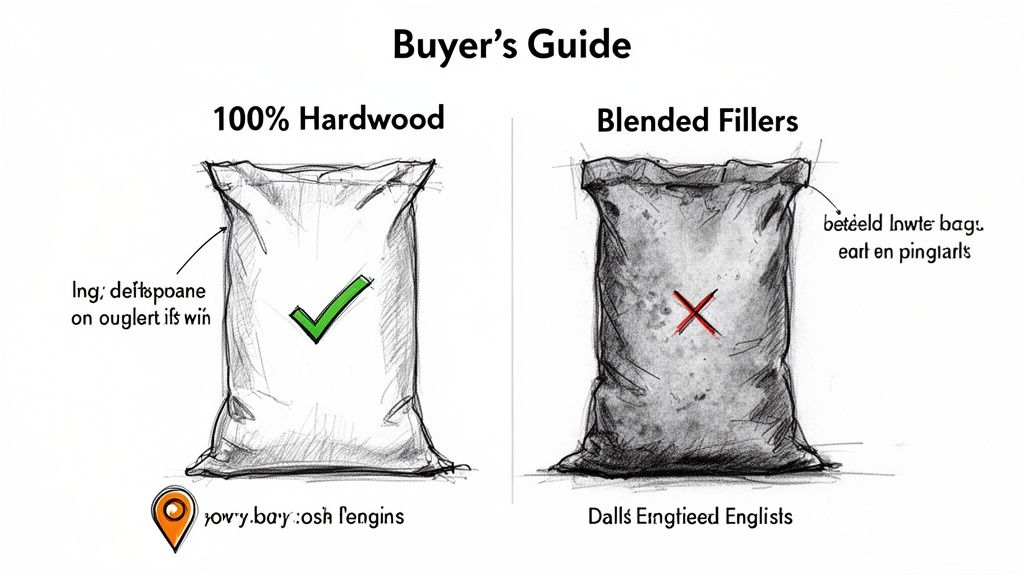 A buyer's guide comparing two bags: 100% hardwood with a checkmark versus blended fillers with an X.