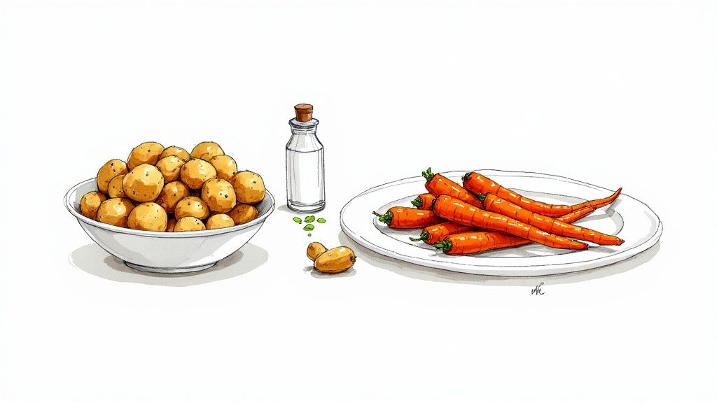 A festive spread of side dishes including roast potatoes and glazed carrots next to a Christmas chicken.