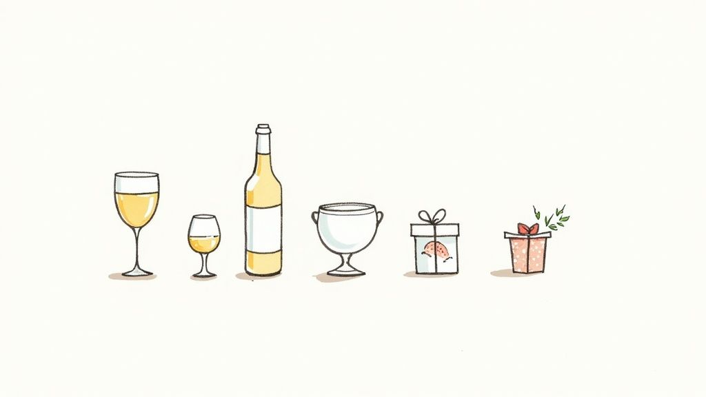 Elegant wine glasses, champagne bottle, bowl, and wrapped gift boxes arranged in festive row