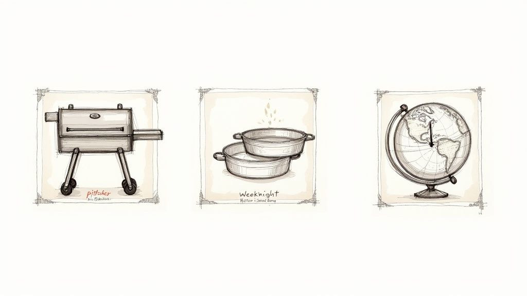 A man cooking in a modern kitchen, surrounded by fresh ingredients and spices.