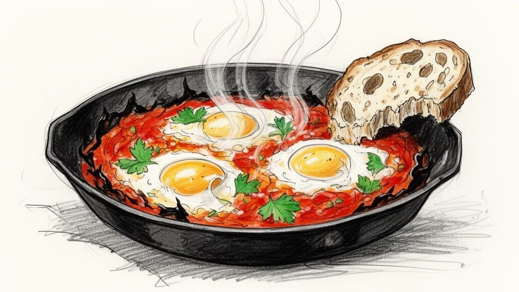 A steaming drawing of shakshuka with three eggs and parsley in a pan, served with bread.