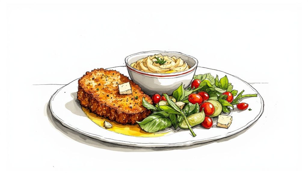 A beautiful spread of vegan Mediterranean dishes, including lentil-stuffed bell peppers and tofu feta salad.