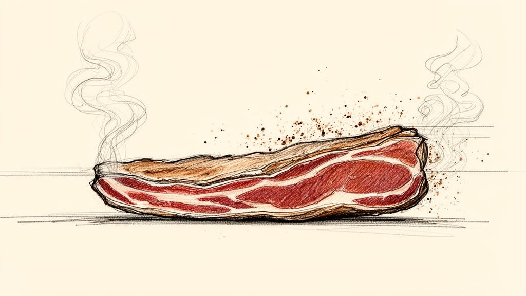 A sketch illustration of a steaming, seasoned piece of smoked meat with visible fat.