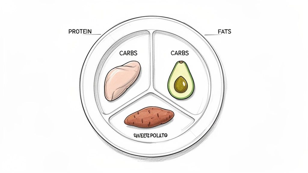 A divided plate showing chicken, avocado, and sweet potato, representing protein, fats, and carbs.