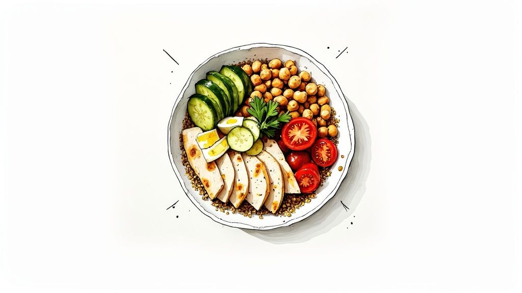 A colourful healthy meal bowl featuring sliced chicken, chickpeas, cucumber, tomatoes, and quinoa.