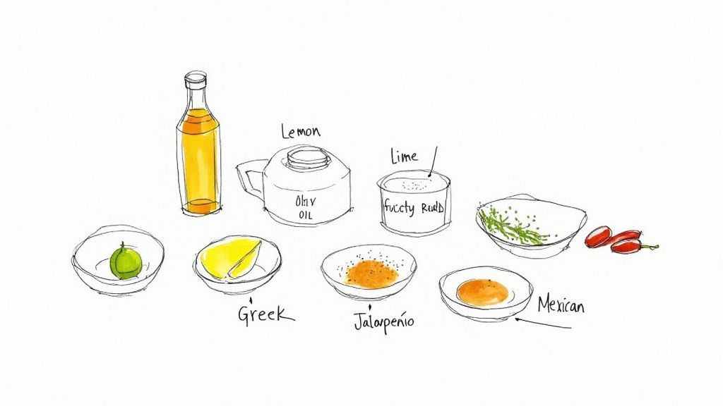 A beautiful spread of marinade ingredients like herbs, citrus, oil, and spices arranged on a dark surface.