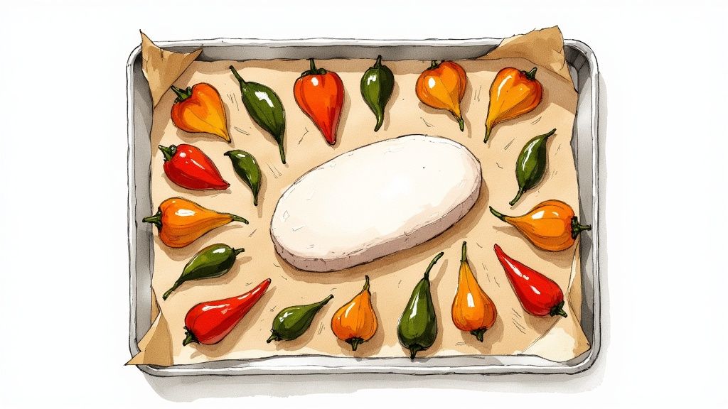 Colorful peppers and a white block are arranged on a parchment-lined baking sheet, ready for cooking.