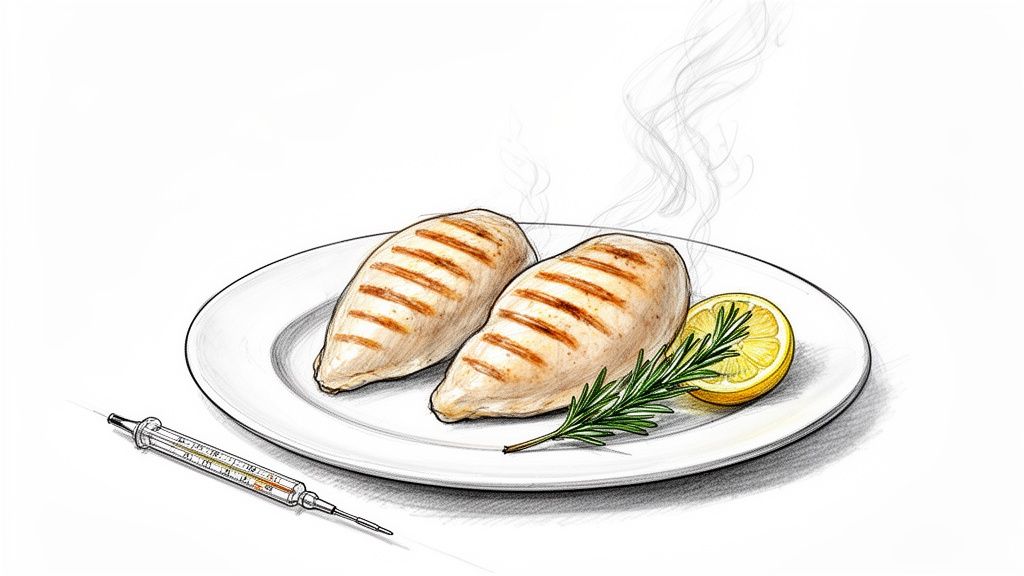 Steaming grilled chicken breasts with lemon, rosemary, and a thermometer for a healthy diet.