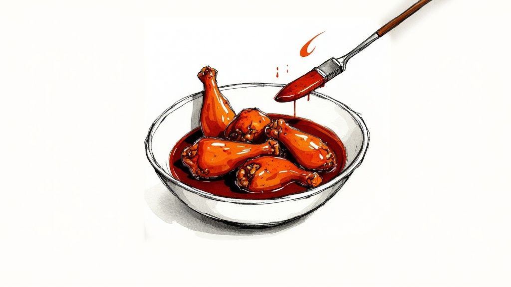 A bowl of glossy, sauced BBQ chicken wings being tossed, ready to be served.