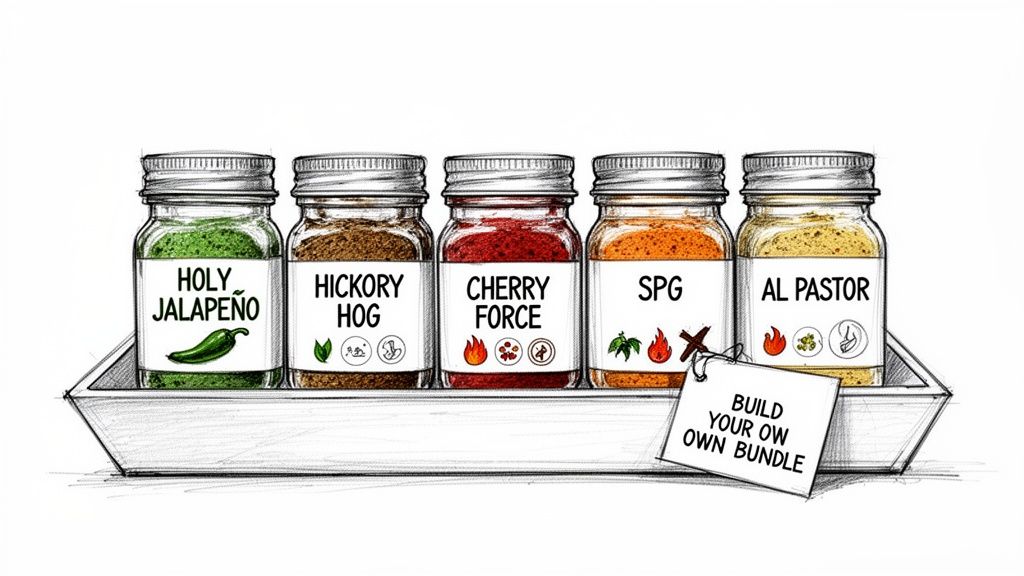 A sketch of five distinct spice jars on a tray, with a tag reading 'Build Your Own Bundle'.