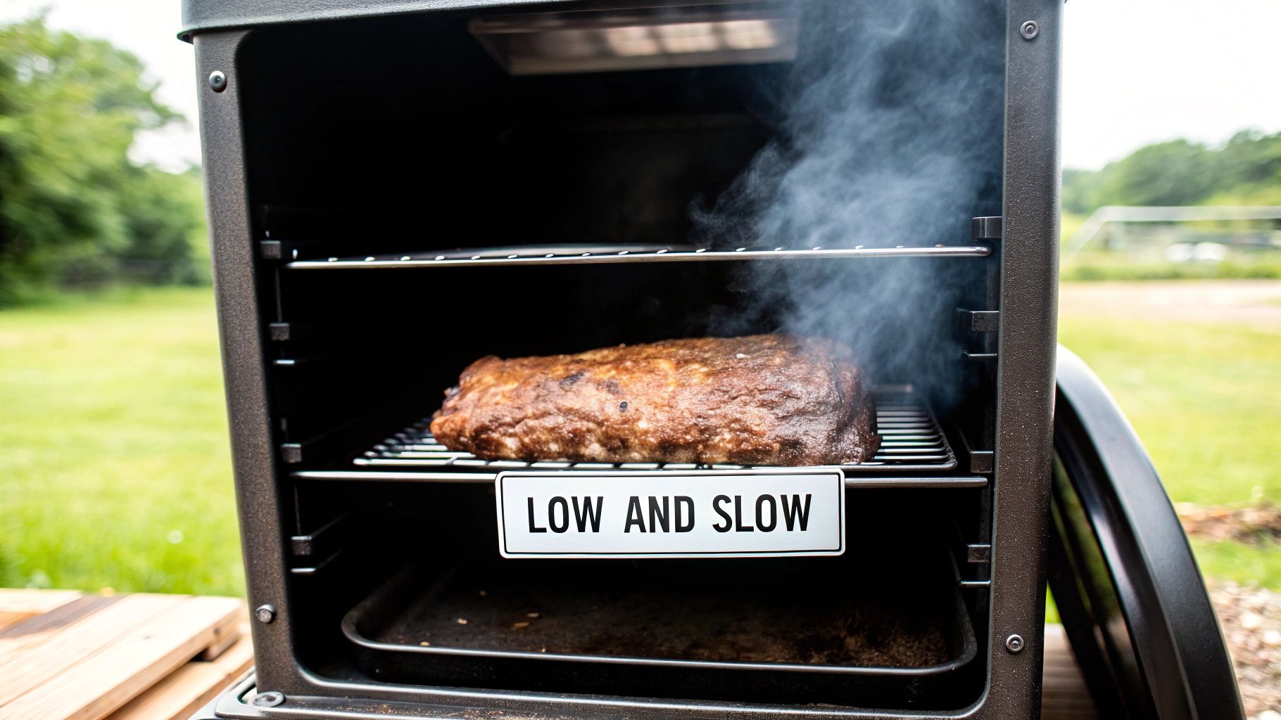 A perfectly smoked brisket resting on a cutting board, showing a dark, rich bark and a juicy interior.