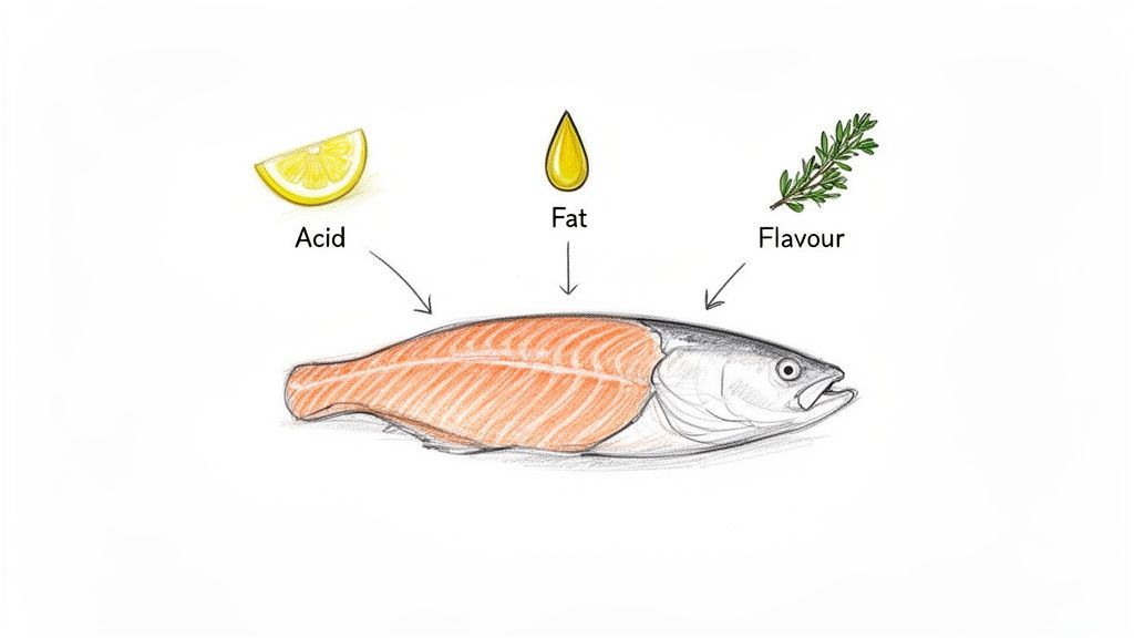 Illustration of a salmon fillet being seasoned with lemon (acid), oil (fat), and rosemary (flavour).