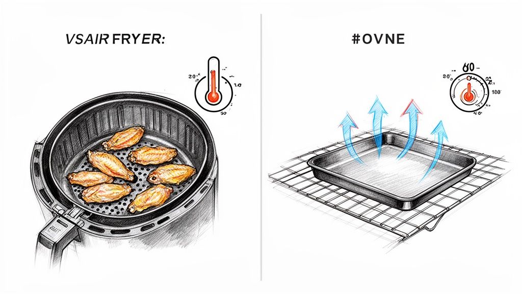 Comparing an air fryer with chicken wings and a baking sheet on a rack for oven cooking.