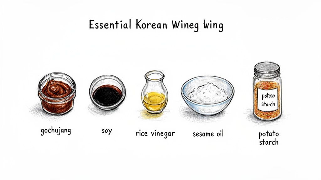 An illustration showing five essential Korean ingredients: gochujang, soy, rice vinegar, sesame oil, and potato starch.