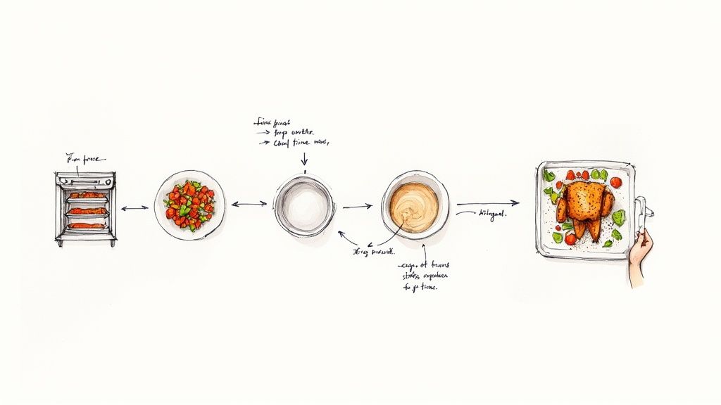 Hand-drawn illustration depicting a meal preparation process with ingredients, sauce, and a roasted chicken.