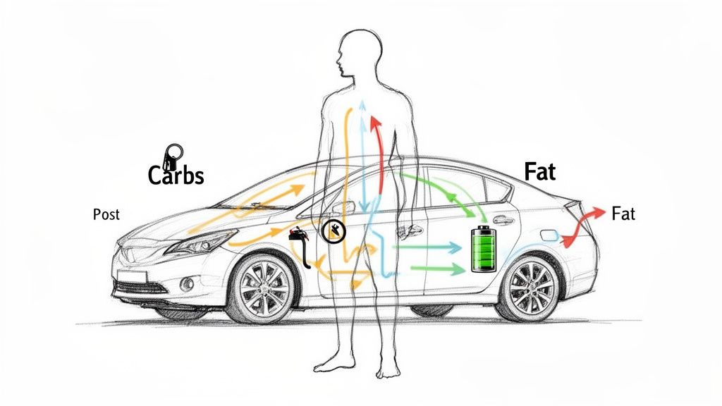 Diagram comparing human body and car, illustrating carbohydrate and fat energy pathways.
