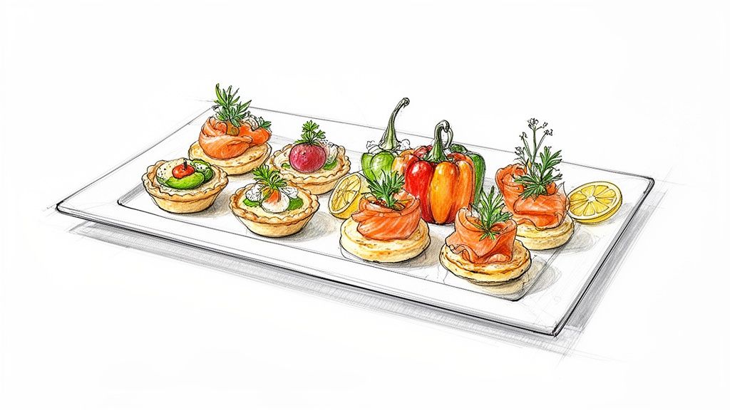 A beautifully arranged platter of assorted canapés, including salmon bites, tarts, bell peppers, and lemon slices.