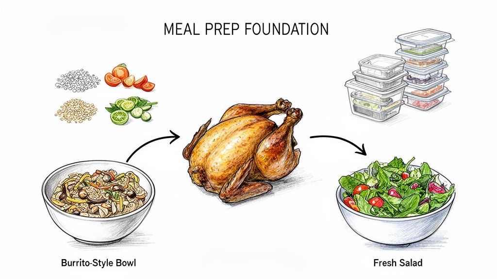 Illustration of meal prep foundation with roasted chicken, fresh ingredients, a burrito bowl, and fresh salad.