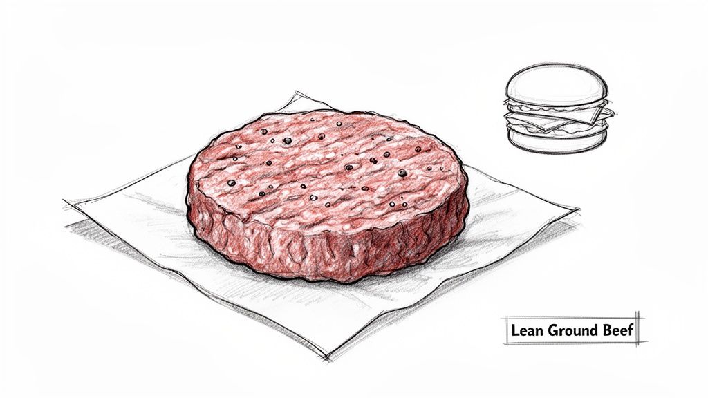 A sketch of a raw, seasoned lean ground beef patty on paper, with a burger drawing and 'Lean Ground Beef' text.