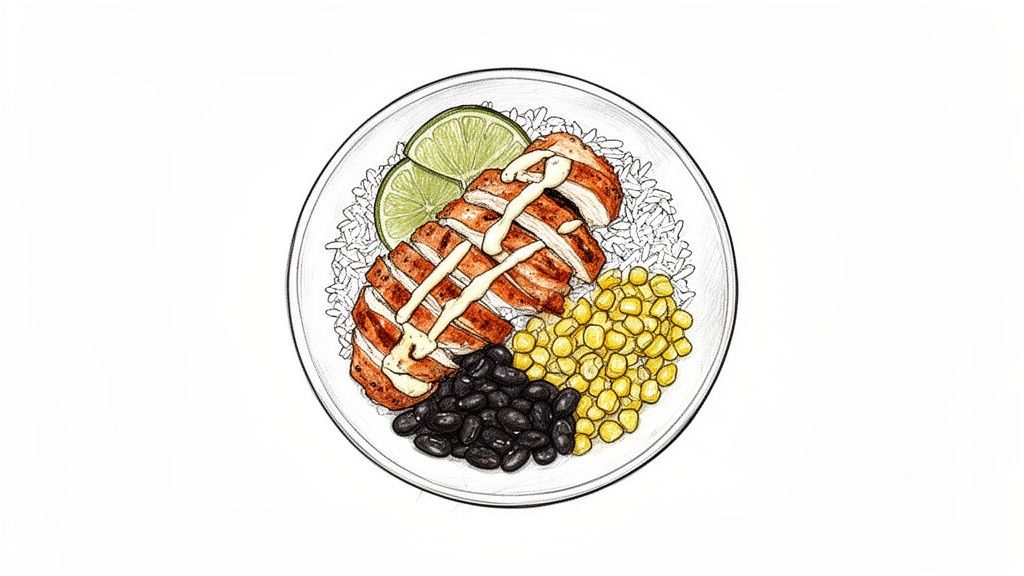 An illustrated image of a vibrant meal bowl featuring sliced chicken, rice, black beans, corn, and lime.