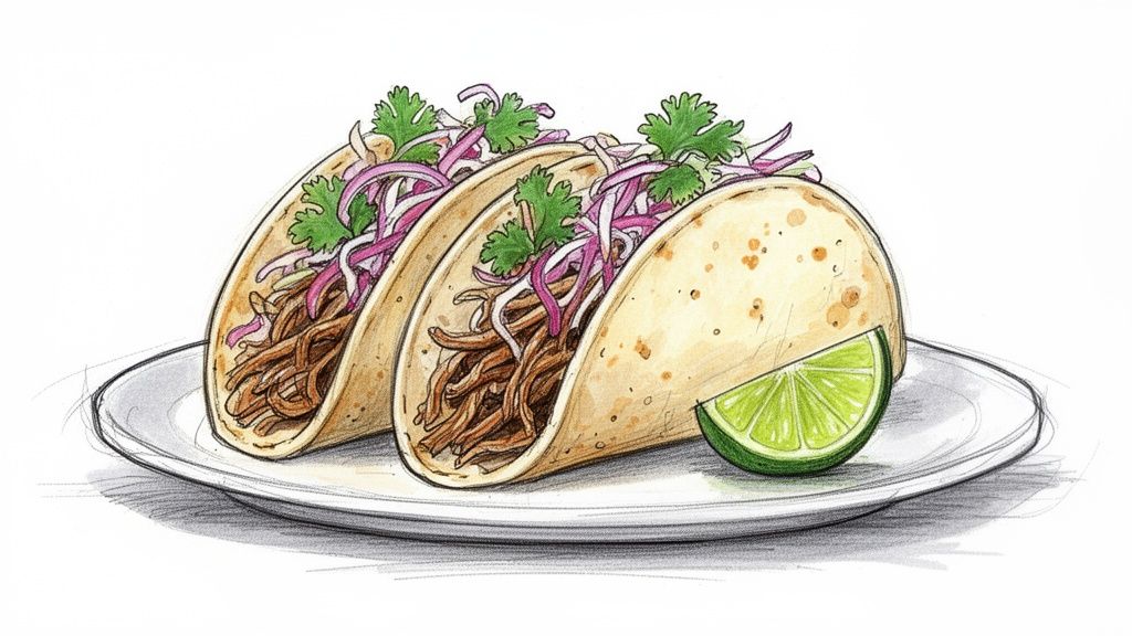 Three delicious pulled pork tacos with red onion, cilantro, and a lime wedge on a white plate.