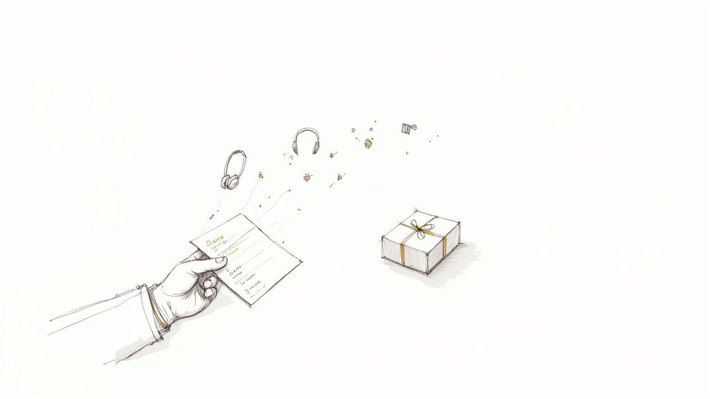 A hand holds a wishlist with headphones, earbuds, and small items floating towards a wrapped gift box.