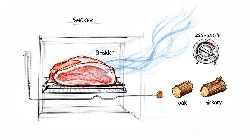 Diagram showing a brisket in a smoker with a meat thermometer, temperature gauge (225-250°F), and wood chunks (oak, hickory).