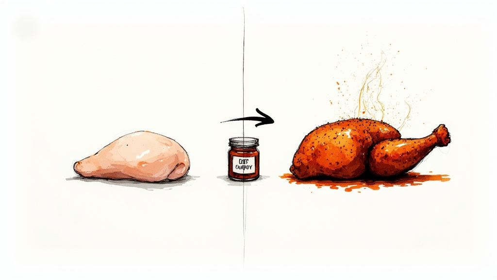 Close-up of a perfectly seasoned and cooked barbecue chicken, showcasing a crispy, flavourful crust.