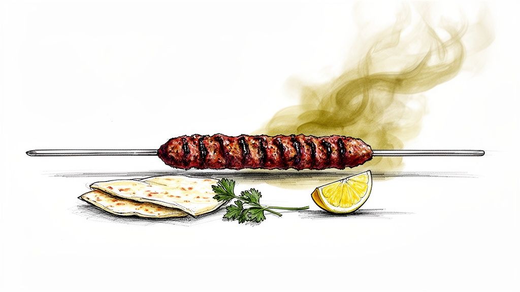 A sizzling shish kebab on a skewer, served with flatbread, fresh parsley, and a lemon wedge.