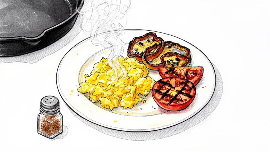 A vibrant illustration of a healthy breakfast with scrambled eggs, grilled vegetables, and a seasoning shaker.