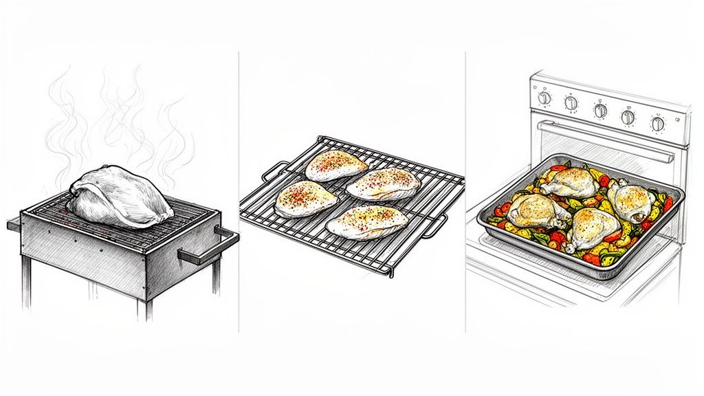Three illustrations show various chicken cooking methods: grilling, baking chicken breasts, and roasting with vegetables.
