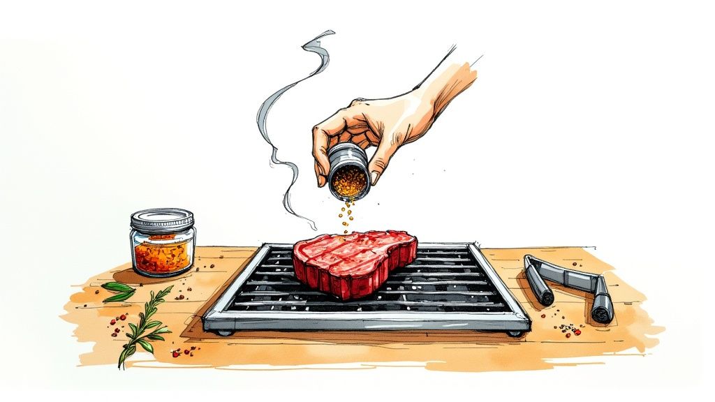 A hand sprinkles spices from a shaker onto a raw steak sizzling on a grill, with herbs nearby.