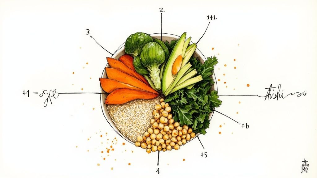 A vibrant healthy meal bowl filled with fresh vegetables, quinoa, chickpeas, and avocado.