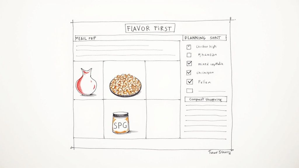 A person writing a meal prep shopping list with fresh vegetables and spices nearby.