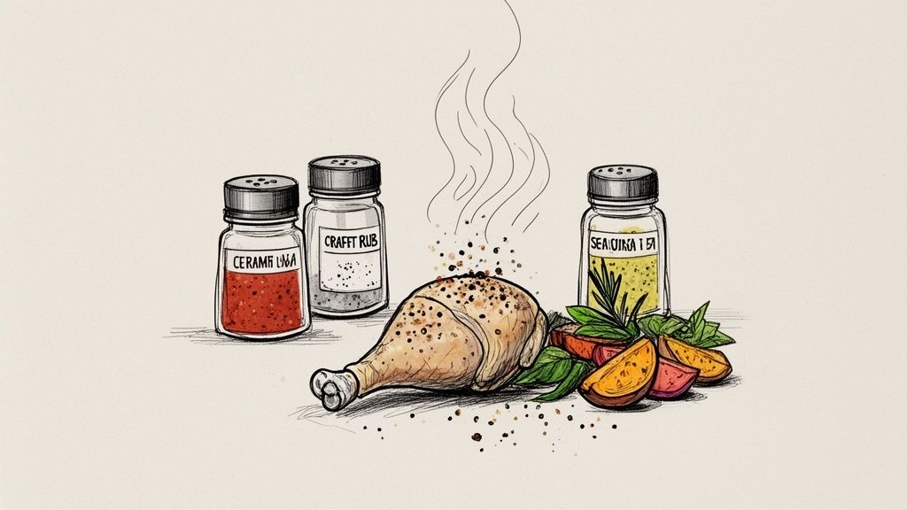 An illustrated chicken drumstick being seasoned with spices from shakers, surrounded by herbs and vegetables.