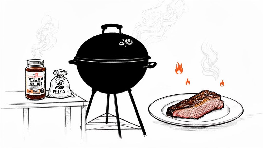 An illustration of a barbecue setup with a grill, beef rub, wood pellets, and smoked brisket.