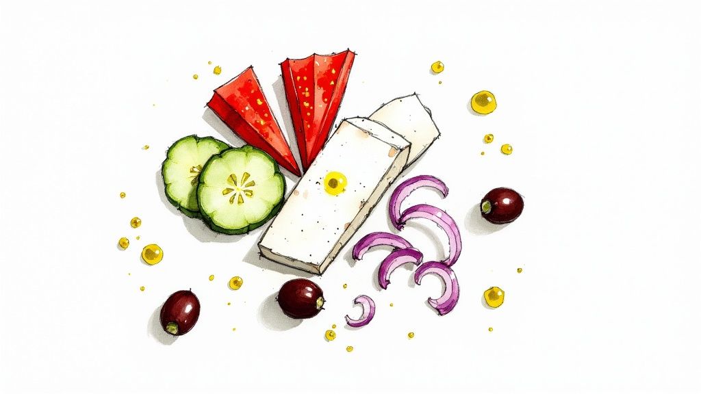 Watercolor illustration of fresh ingredients for a Mediterranean salad: feta, watermelon, cucumber, onion, olives, and oil.
