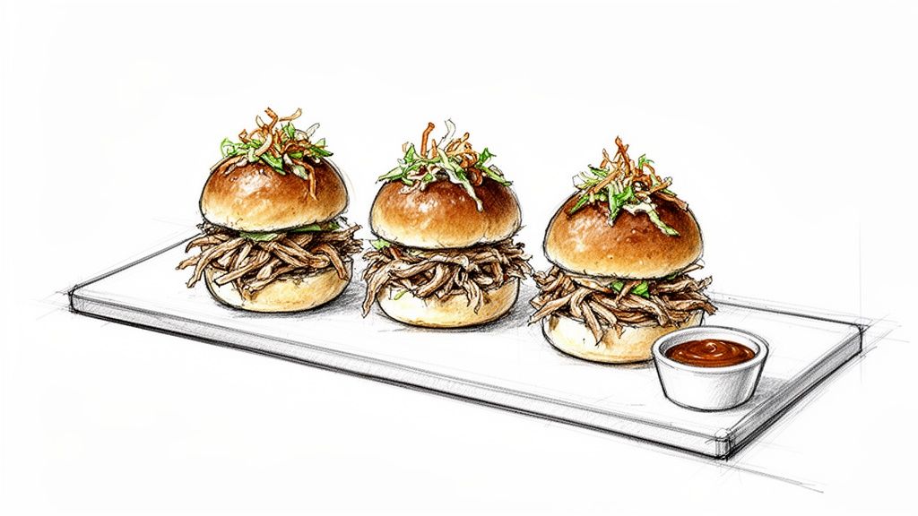 Three illustrated pulled pork sliders with slaw and crispy onions on a white tray with dipping sauce.