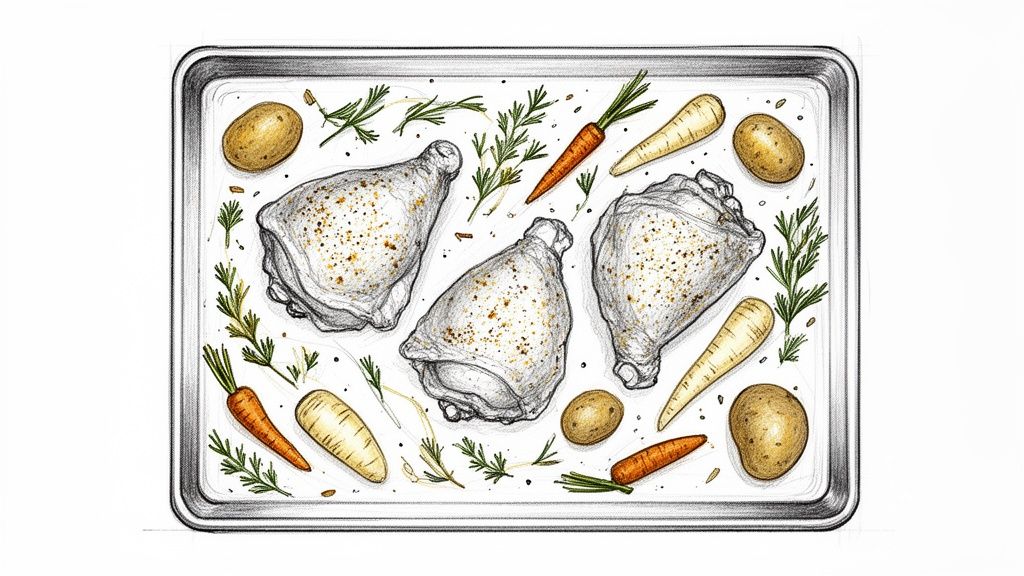 Raw chicken thighs, potatoes, carrots, parsnips, and rosemary on a metal baking sheet.