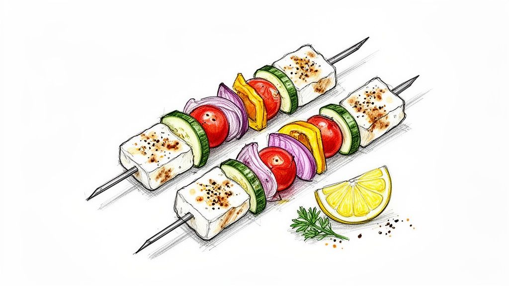 Two colorful skewers with feta cheese, vegetables, lemon, and herbs, drawn in a watercolor sketch style.