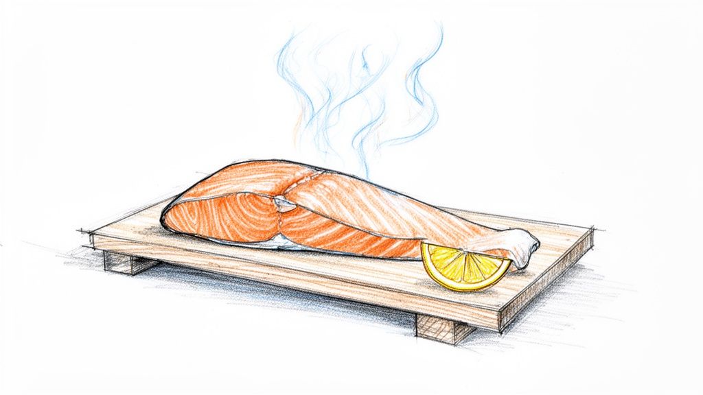 A sketch of a hot salmon steak with a lemon slice on a wooden serving board.