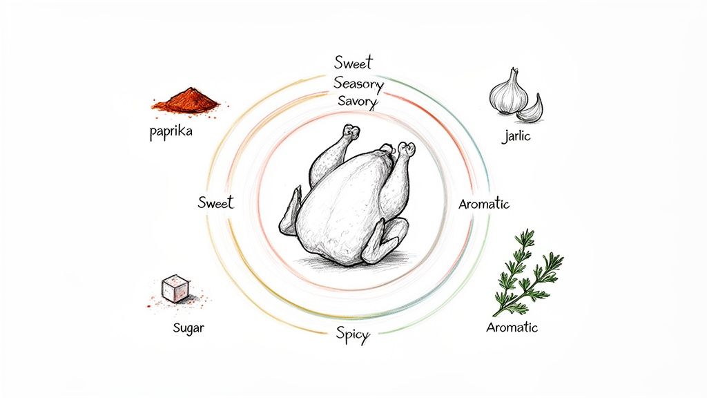 A chicken flavor diagram with ingredients like paprika, garlic, sugar, and rosemary, showing sweet, savory, aromatic, and spicy notes.