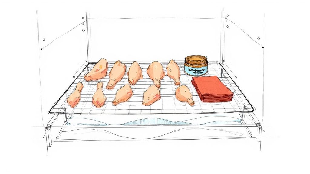 A tray of raw chicken wings generously coated in a dark red BBQ rub, ready for cooking.
