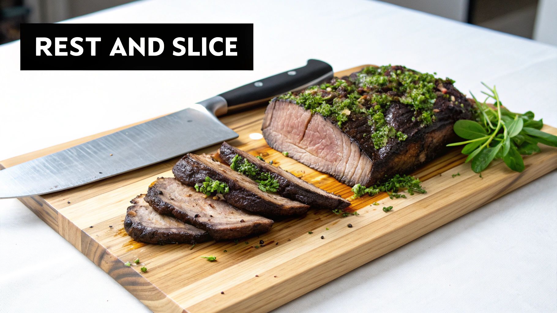 A person slicing a juicy, perfectly smoked brisket on a dark cutting board.
