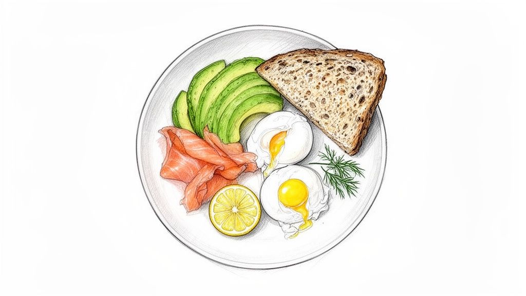 A healthy breakfast plate featuring sliced avocado, smoked salmon, two poached eggs, whole-grain toast, lemon, and dill.