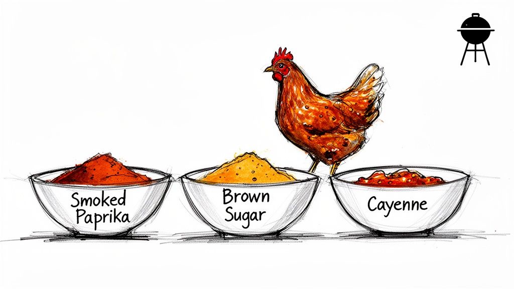 Illustration of a chicken with bowls of smoked paprika, brown sugar, and cayenne pepper for BBQ rubs.