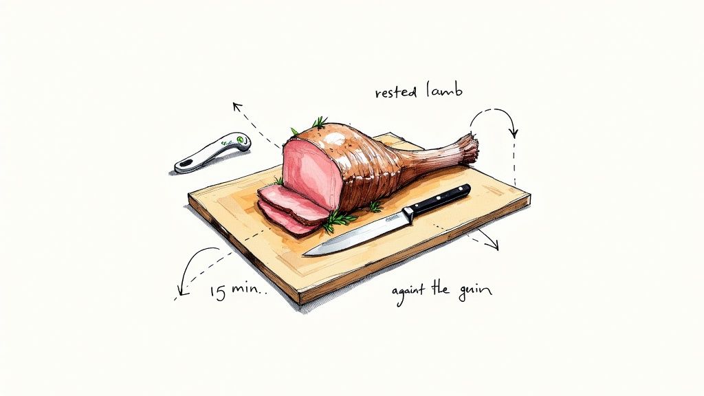Illustration of a rested, sliced leg of lamb on a cutting board with a knife, ready for carving.
