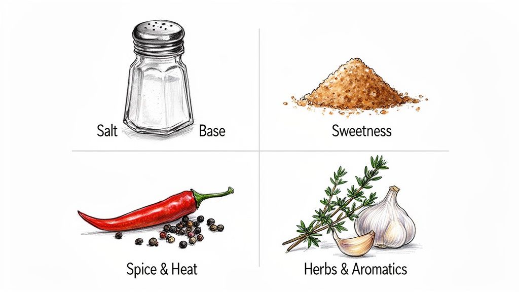 A grid showcasing essential cooking components: salt, sweetness, spice, and herbs and aromatics.