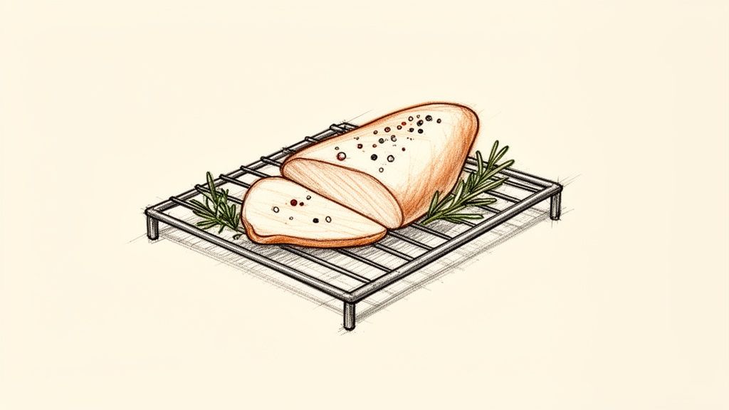 A coloured sketch of seasoned poultry or chicken breast with rosemary sprigs on a metal rack.