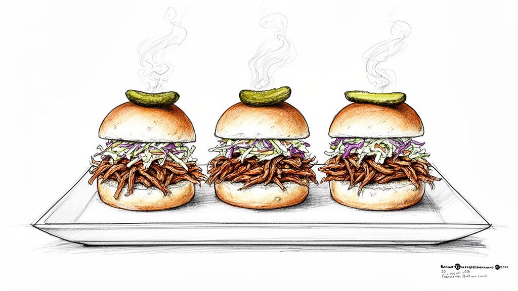 An illustration of three hot pulled pork sliders with coleslaw and pickles on a serving tray.